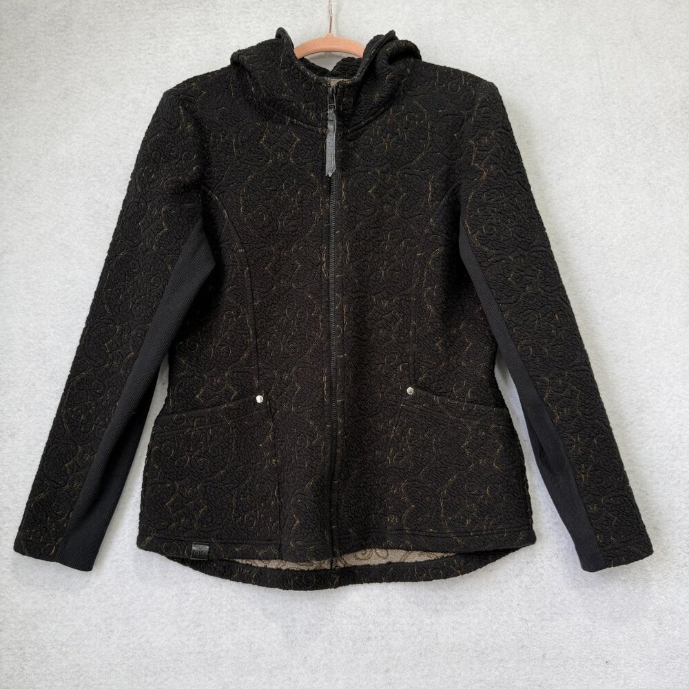 Tonia Debellis Jacket Womens Large Black Floral Knit Hooded Zip Pockets Textured